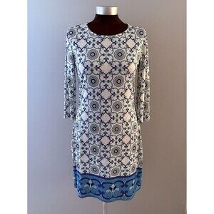 Jean Pierre Klifa Dress Size Small White Blue Beach Resort Shift Midi Stretch